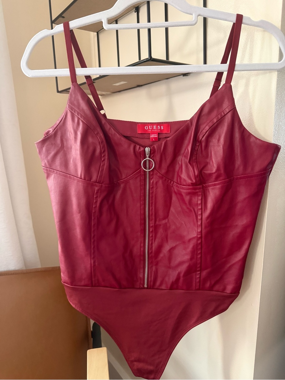 GUESS Wine Red Faux-Leather Zip-Front Bodysuit